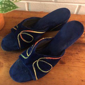 Vintage 70s Blue Velvet Open Toe Mules